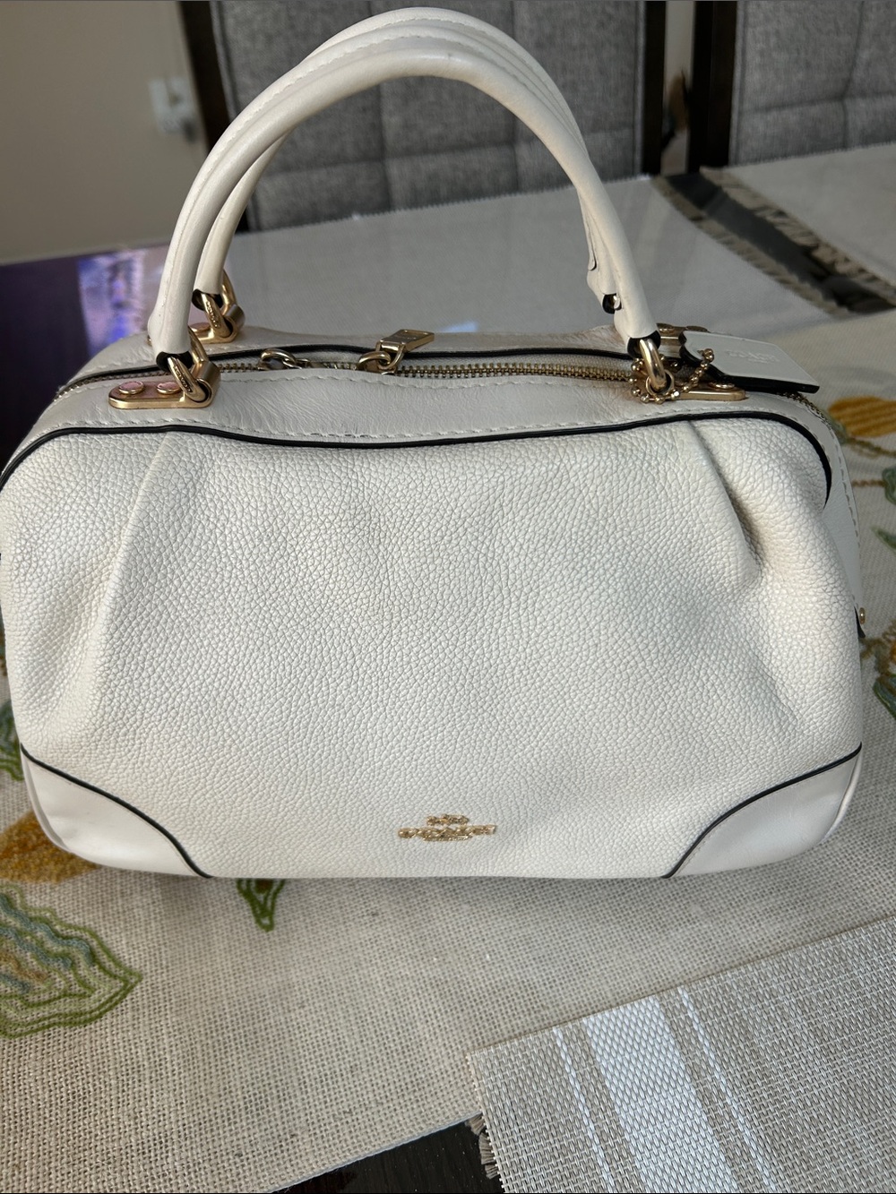 Coach White Leather Satchel with Black Piping and Gold Hardware